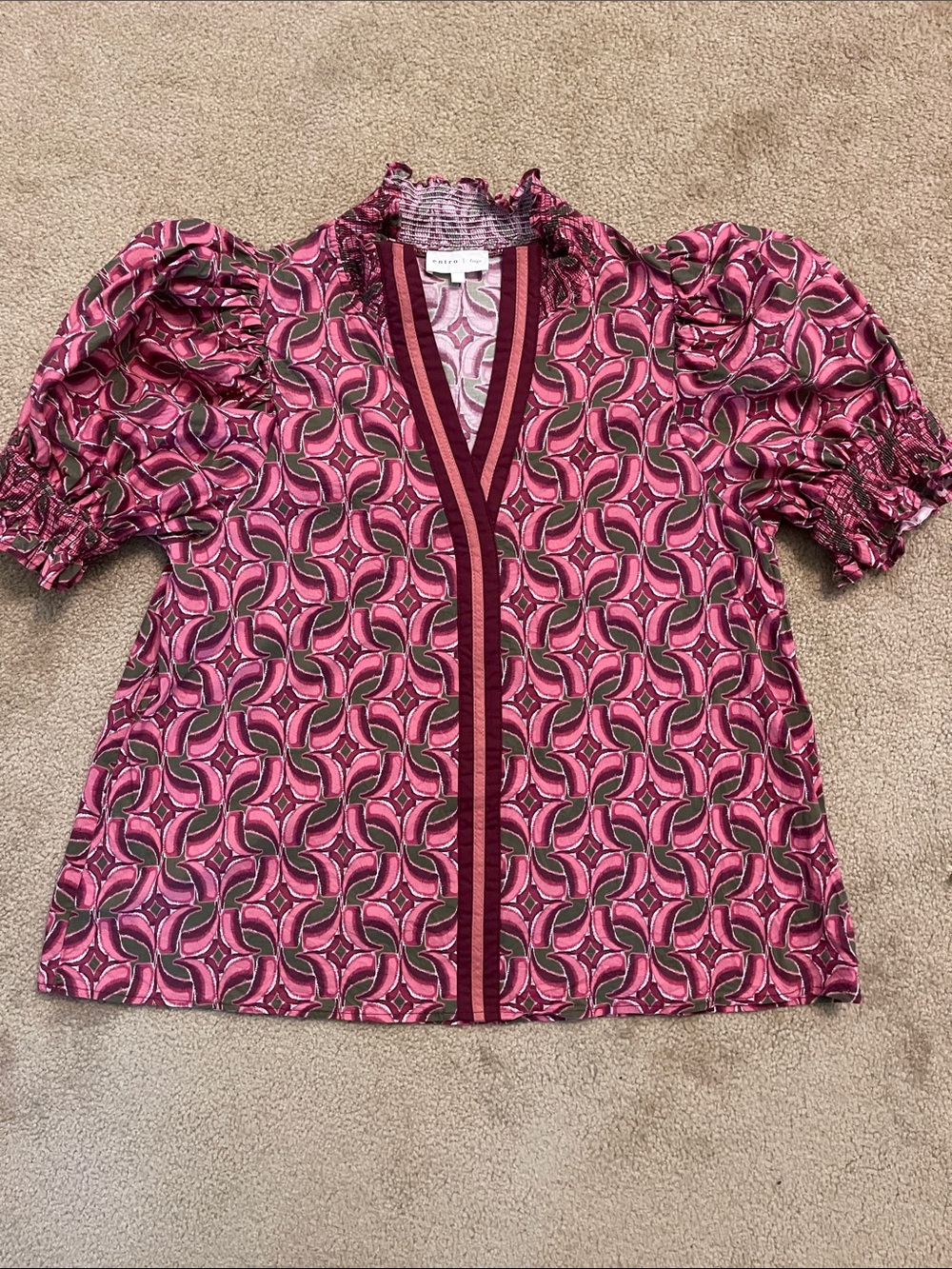 entro Pink and Green Patterned V-Neck Top Size L Ruffle Sleeve
